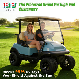 10L0L golf cart windshield side view shows tinted option with all-weather protection.