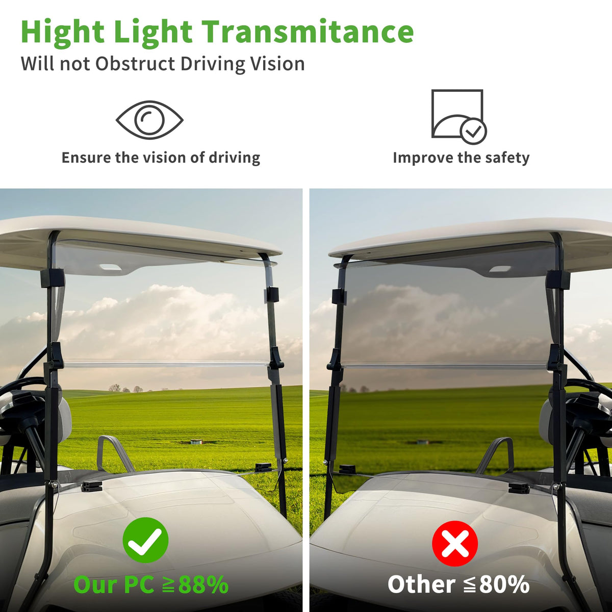 10L0L tinted EZGO TXT windshield for glare control on Medalist carts
