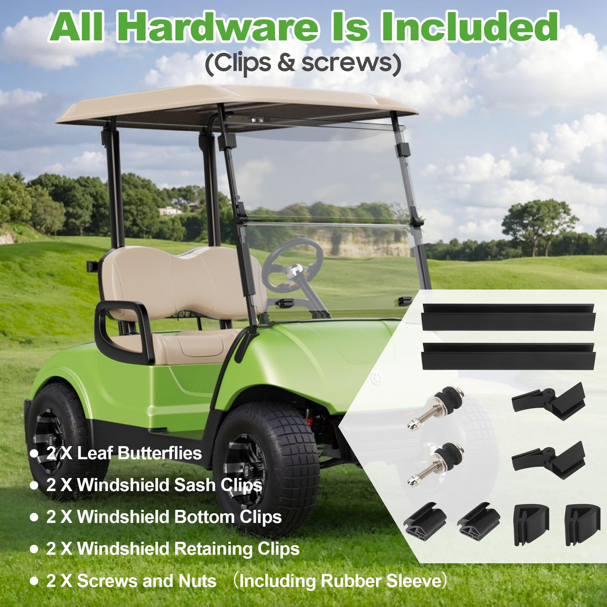 10L0L Golf Cart Windshield easy installation with brackets, no drilling required
