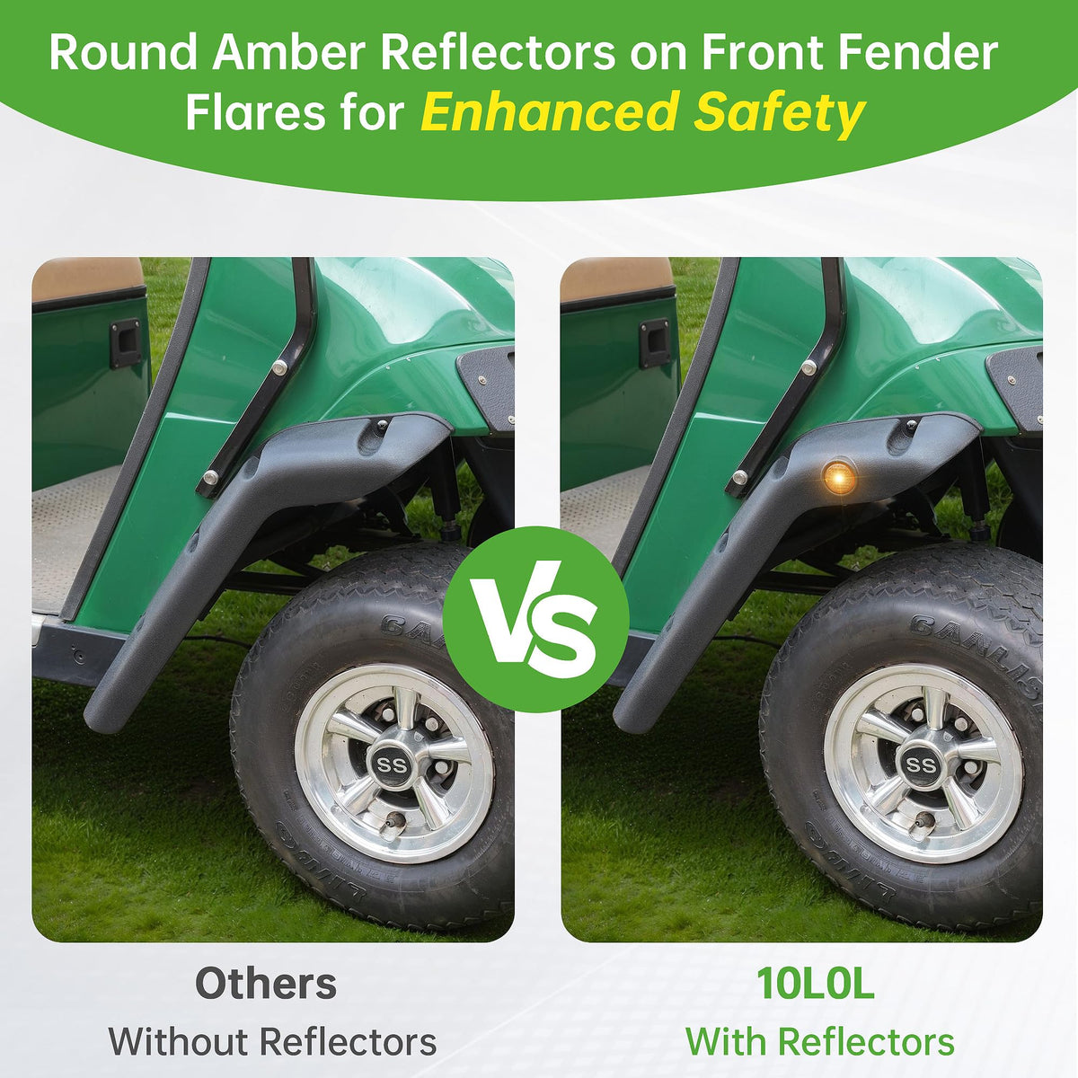 10L0L fender flare with reflectors on EZGO TXT improves night visibility