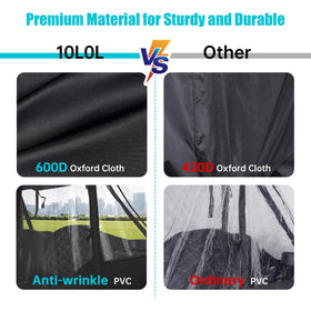 10L0L 600D waterproof fabric for durable weather protection on carts.