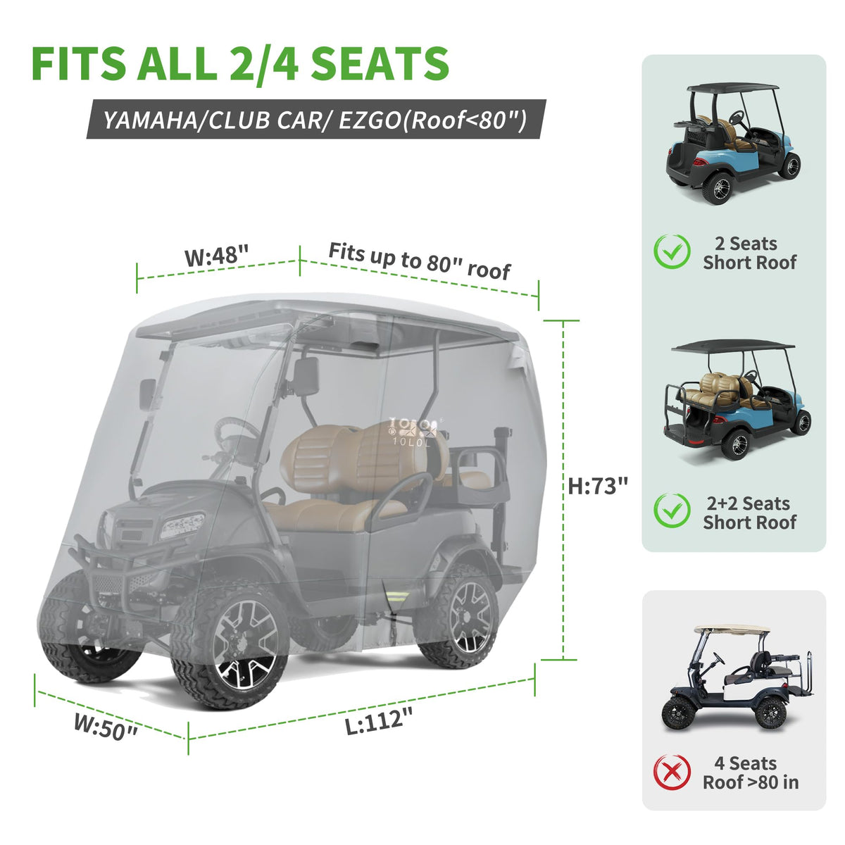 10L0L Heavy Duty 650D golf cart cover with vents and reflective strips for safety