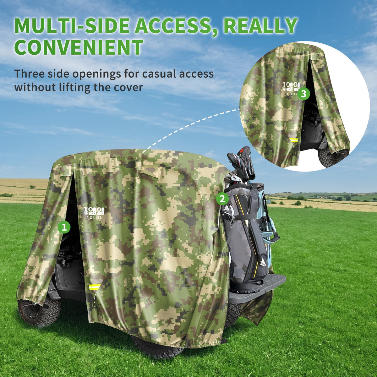 10L0L Heavy Duty 650D golf cart cover wind straps and Velcro secure