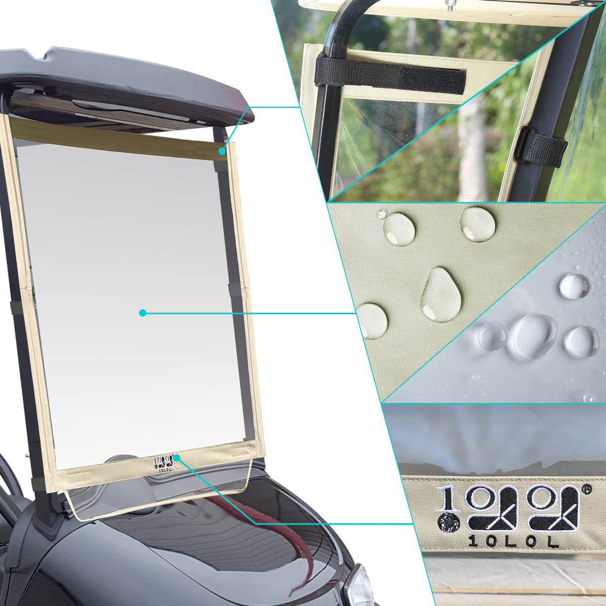 Close-up of heavy-duty clear vinyl windshield highlighting durability