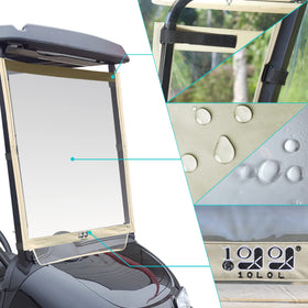 Close-up of heavy-duty clear vinyl windshield highlighting durability