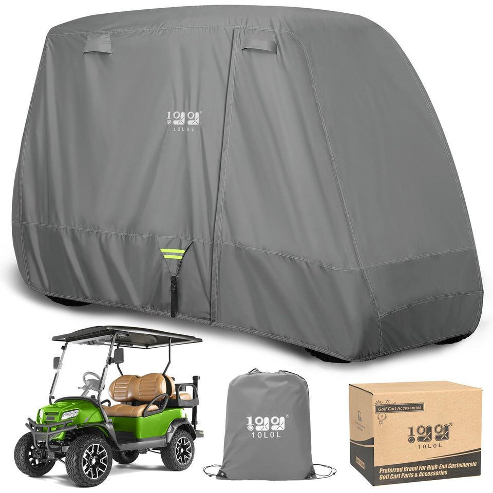 10L0L heavy duty golf cart cover for 6 passengers shields from sun and rain.
