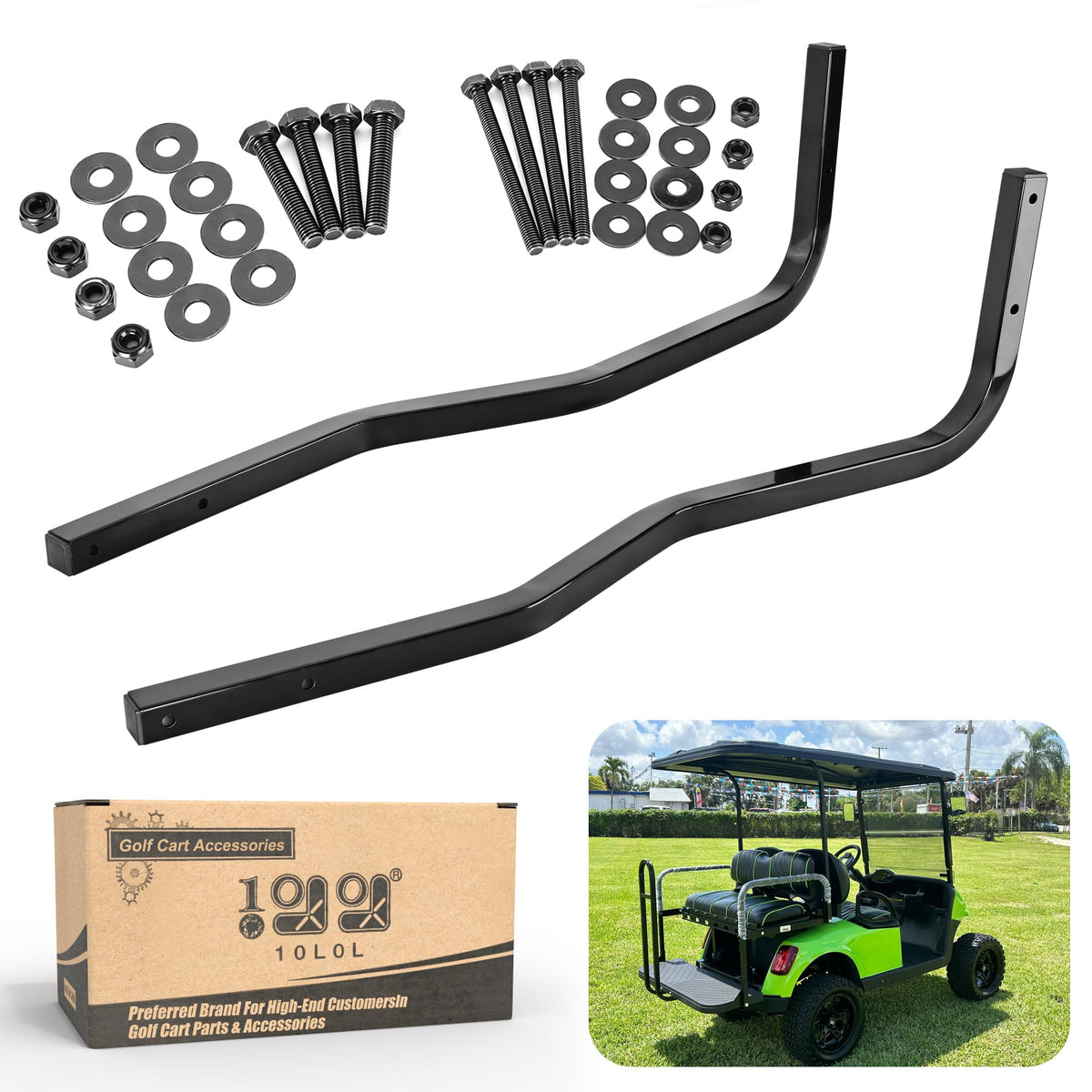 10L0L rear strut brackets front view for EZGO RXV 88-inch top, improves stability.