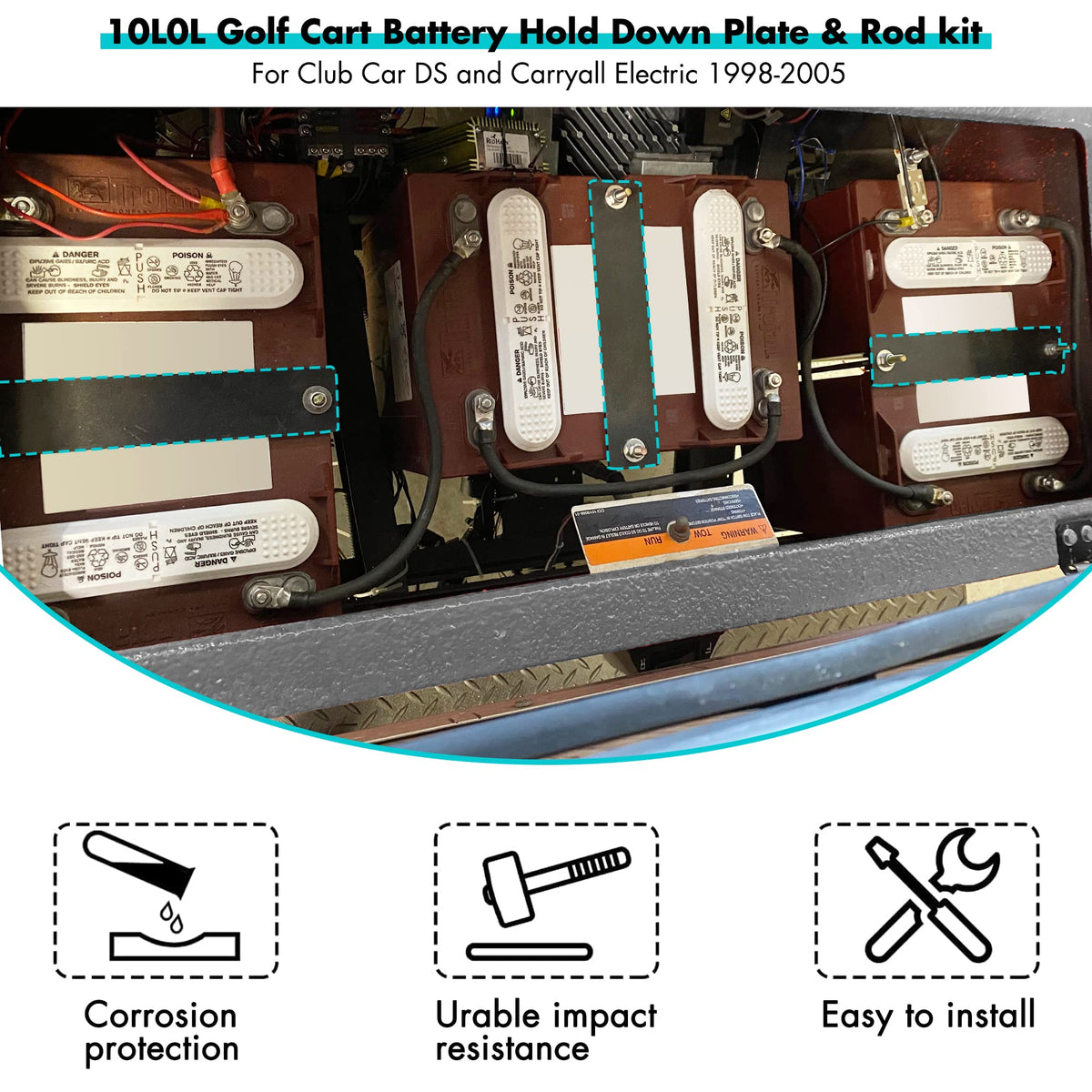 11-inch hold-down rod provides sturdy support for golf cart batteries