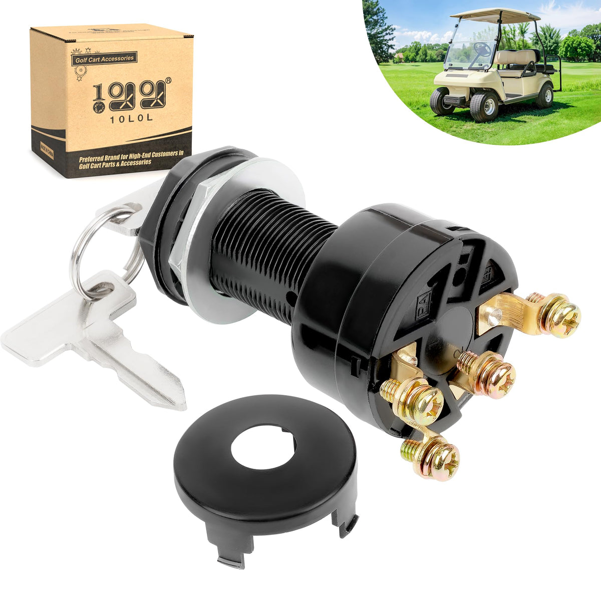 10L0L ignition key switch front view; easy install for Club Car DS