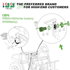 10L0L ignition key switch side view; compact design for Club Car models