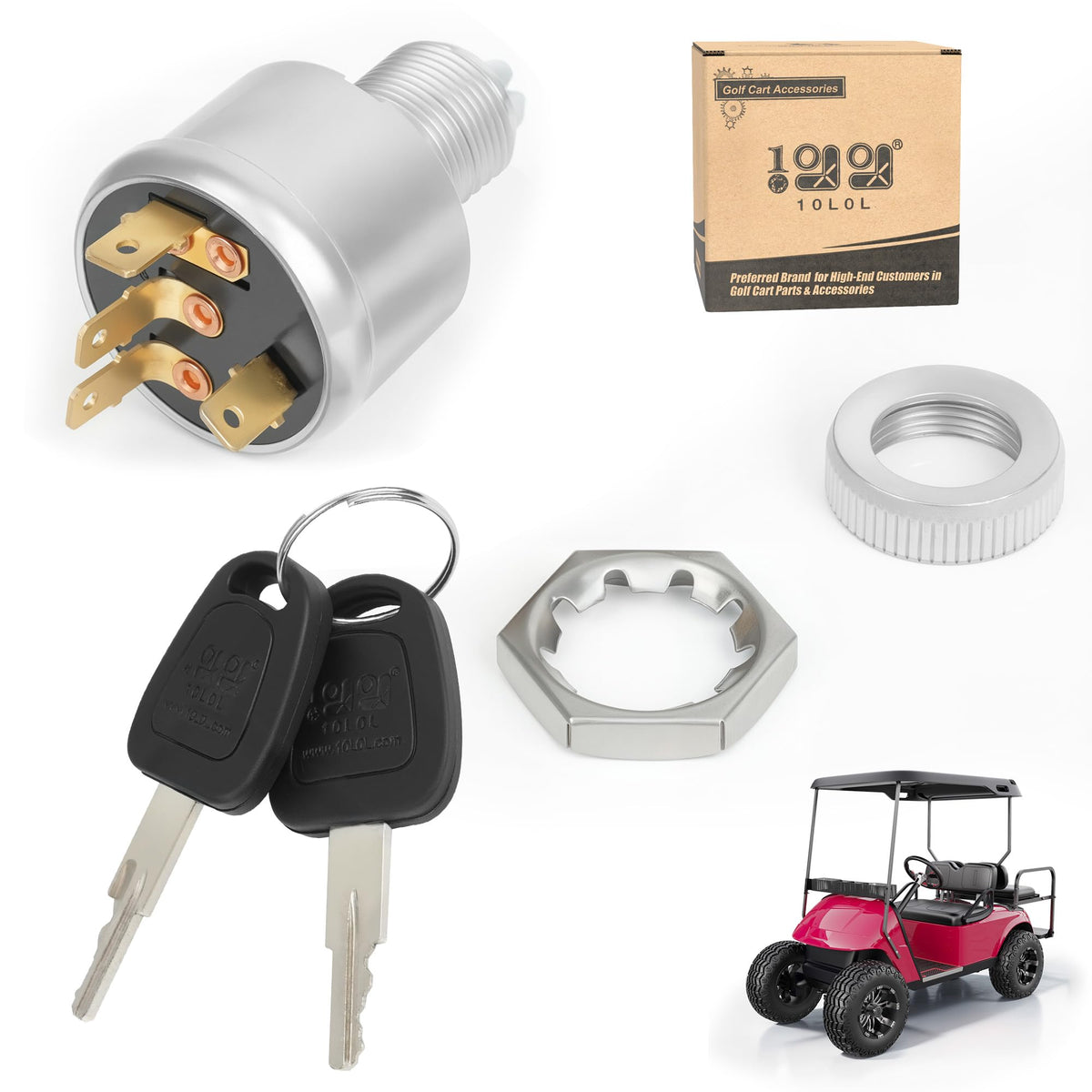 10L0L ignition switch for EZGO 1981-up highlights 4-terminal design for reliable start and power control.