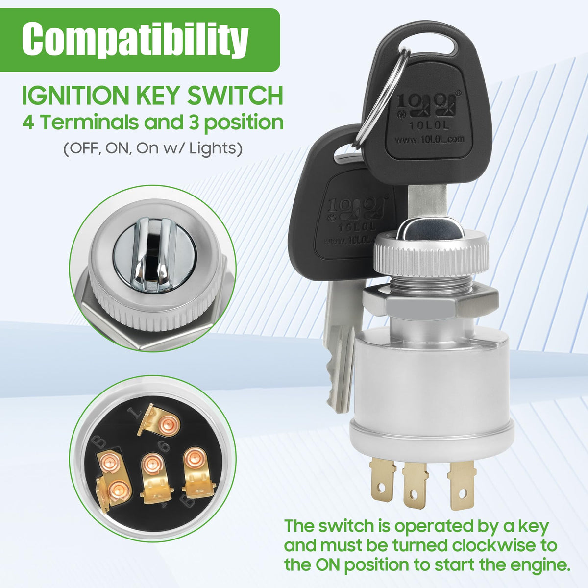 10L0L 4-terminal EZGO ignition switch promotes consistent performance across multiple cart models.