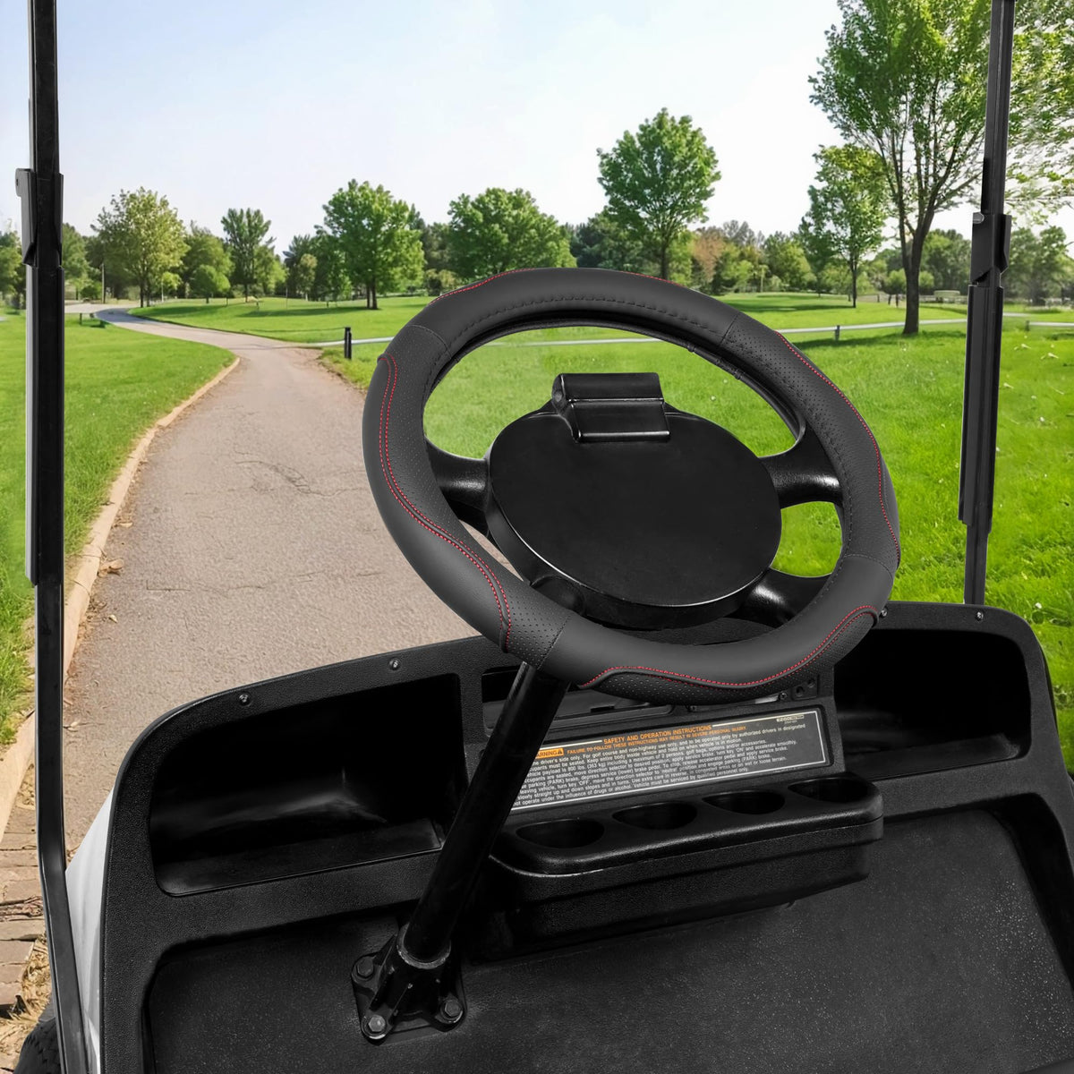 Lifestyle interior shot of EZGO cart with 10L0L steering wheel cover