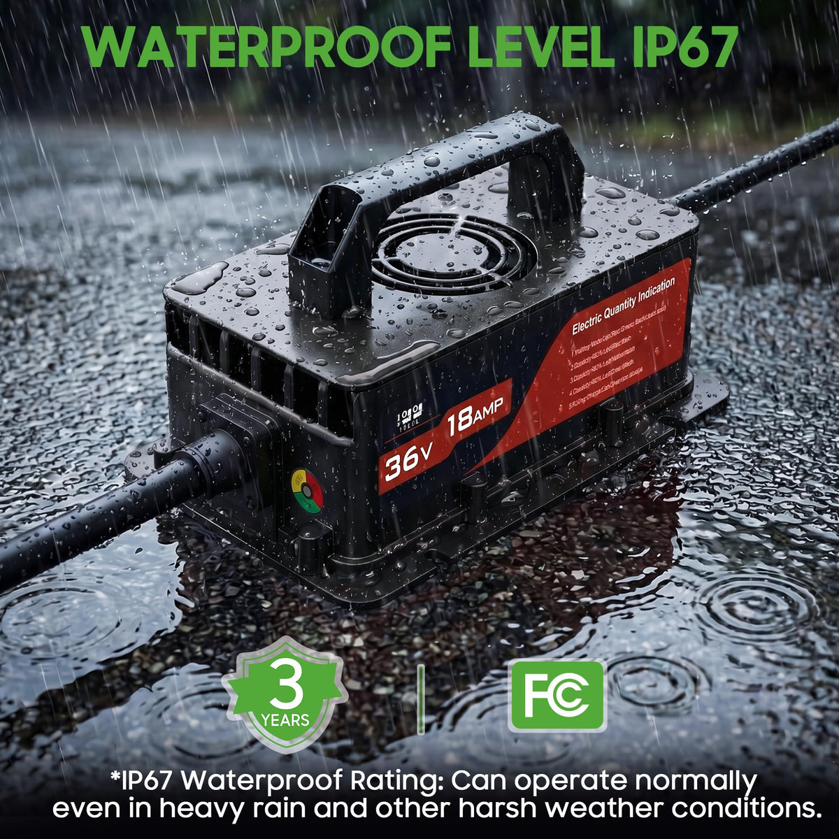 IP67 waterproof enclosure protects charger in rain and dust for outdoor use