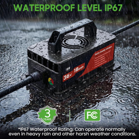 IP67 waterproof enclosure protects charger in rain and dust for outdoor use