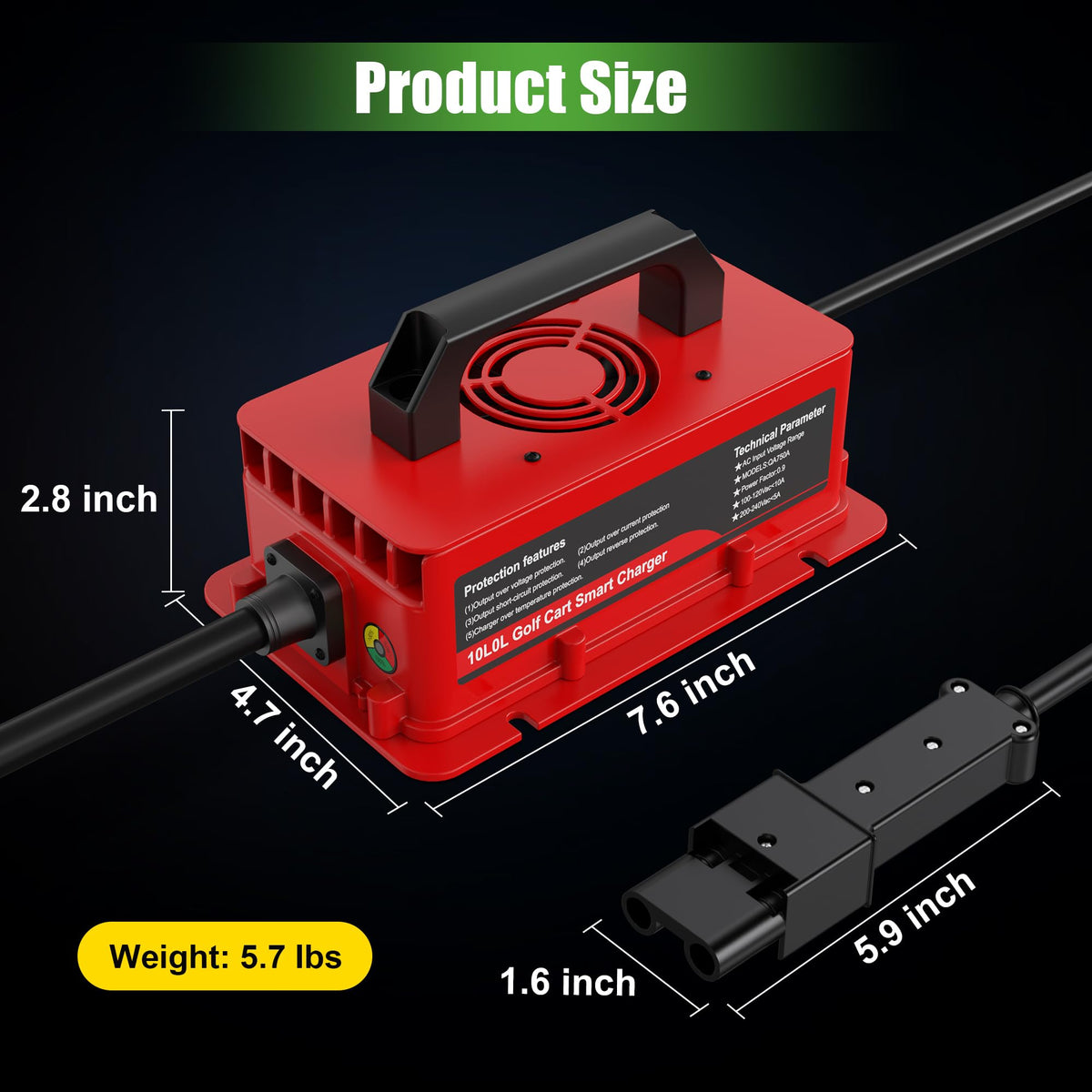 10L0L lightweight charger at 5.7 lbs with long cables for flexibility
