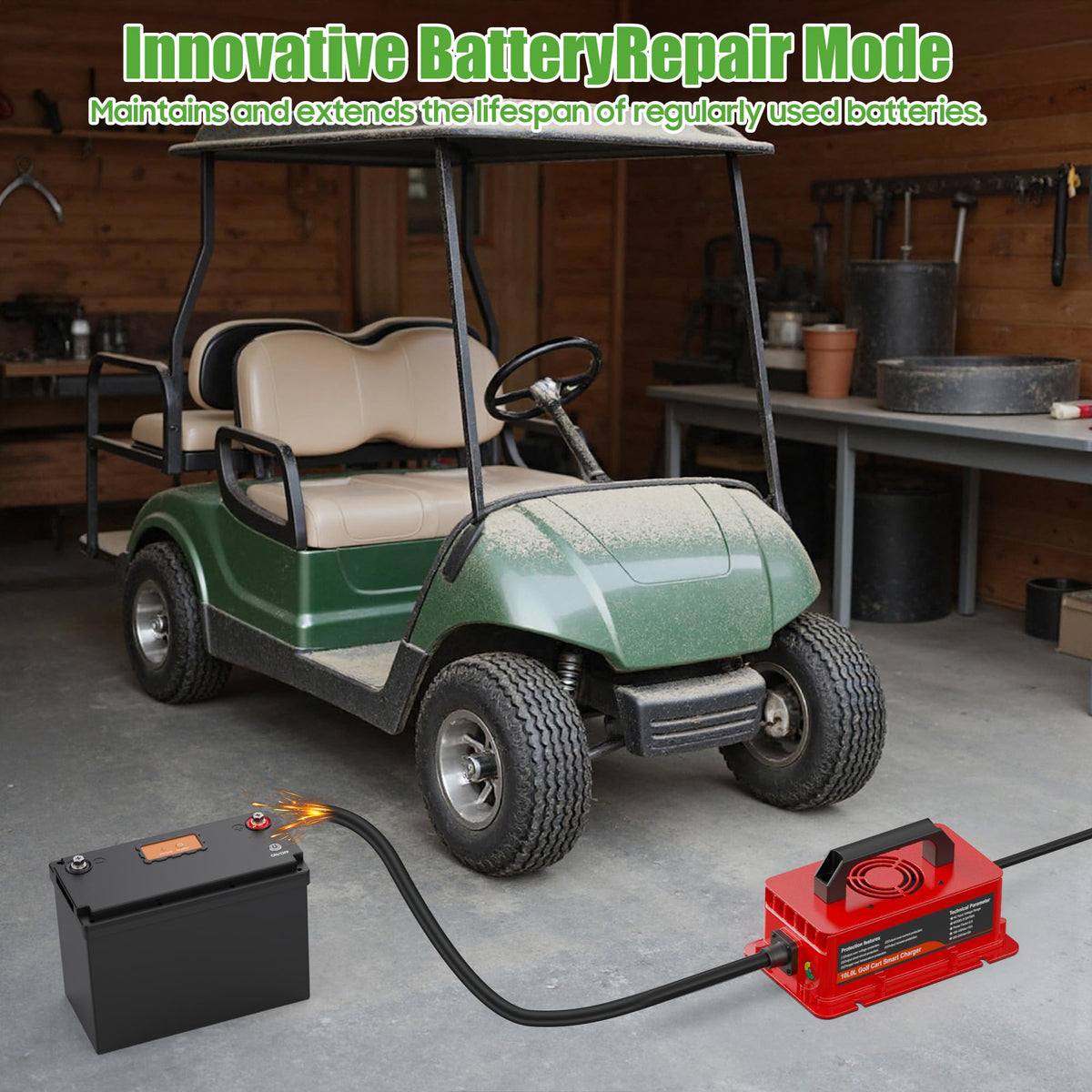 10L0L lightweight charger designed for easy transport around the golf cart area.