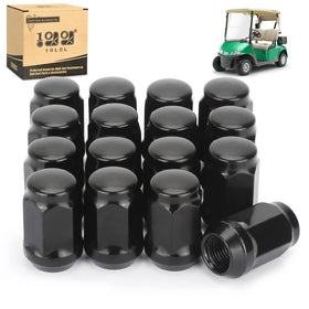 10L0L lug-nuts kit, 16 black units for EZGO and Club Car wheels; reliable OEM replacements.