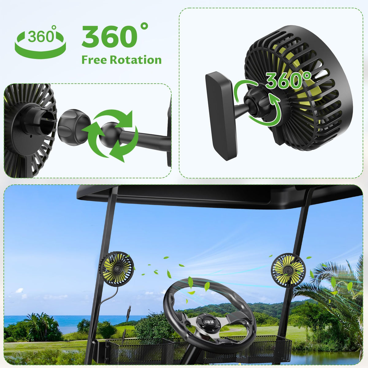 10L0L Magnetic Golf Cart Fan's compact, durable design fits golf bags securely.