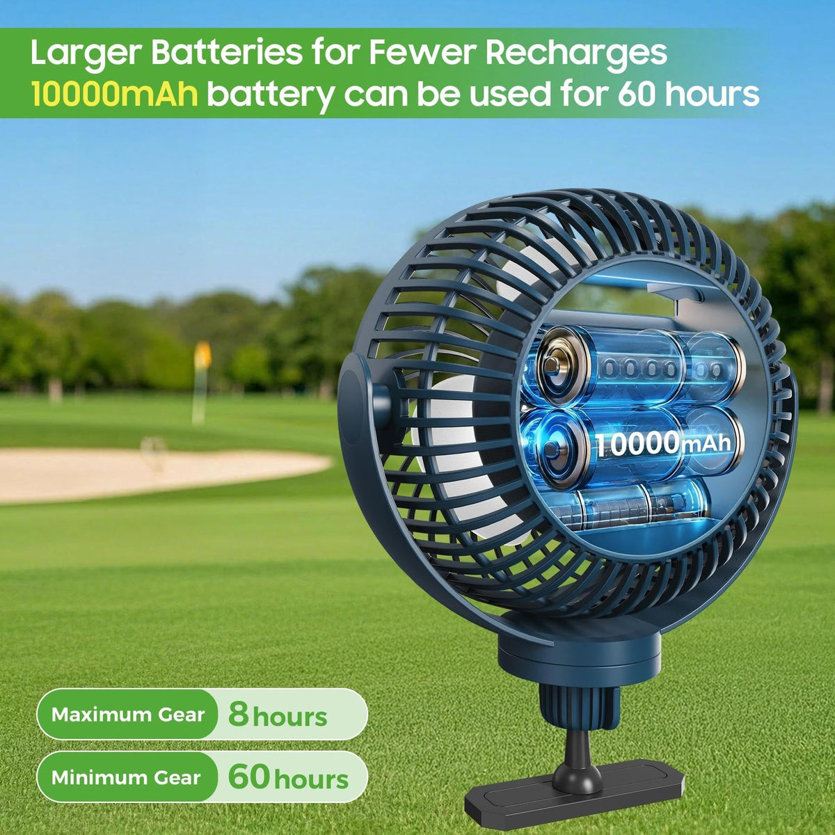 10L0L magnetic golf cart fan with LED light for night play.