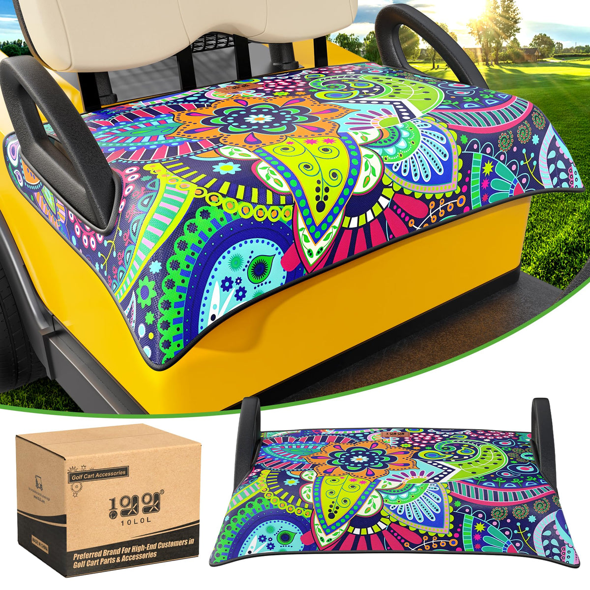 10L0L Mandala golf cart seat cover on seat provides tidy look and added comfort.