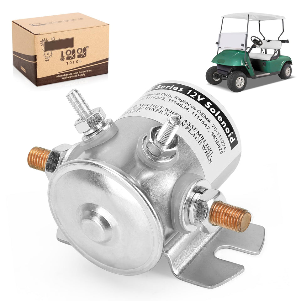 The 10L0L Max 250A solenoid relay, side view, for reliable EZGO golf cart starts.
