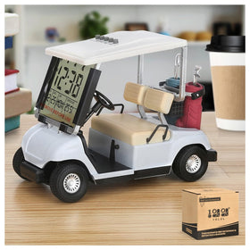 10L0L mini golf cart alarm clock front view, ideal desk decor and timekeeper.