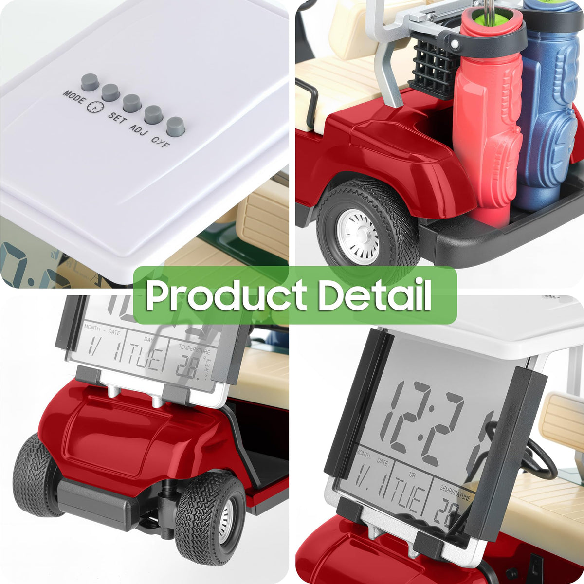10L0L mini golf cart alarm clock LCD display shows time date and temp