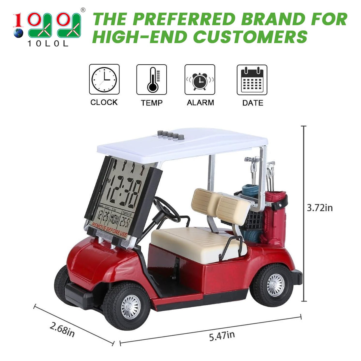 10L0L mini golf cart alarm clock side view ideal for office desks