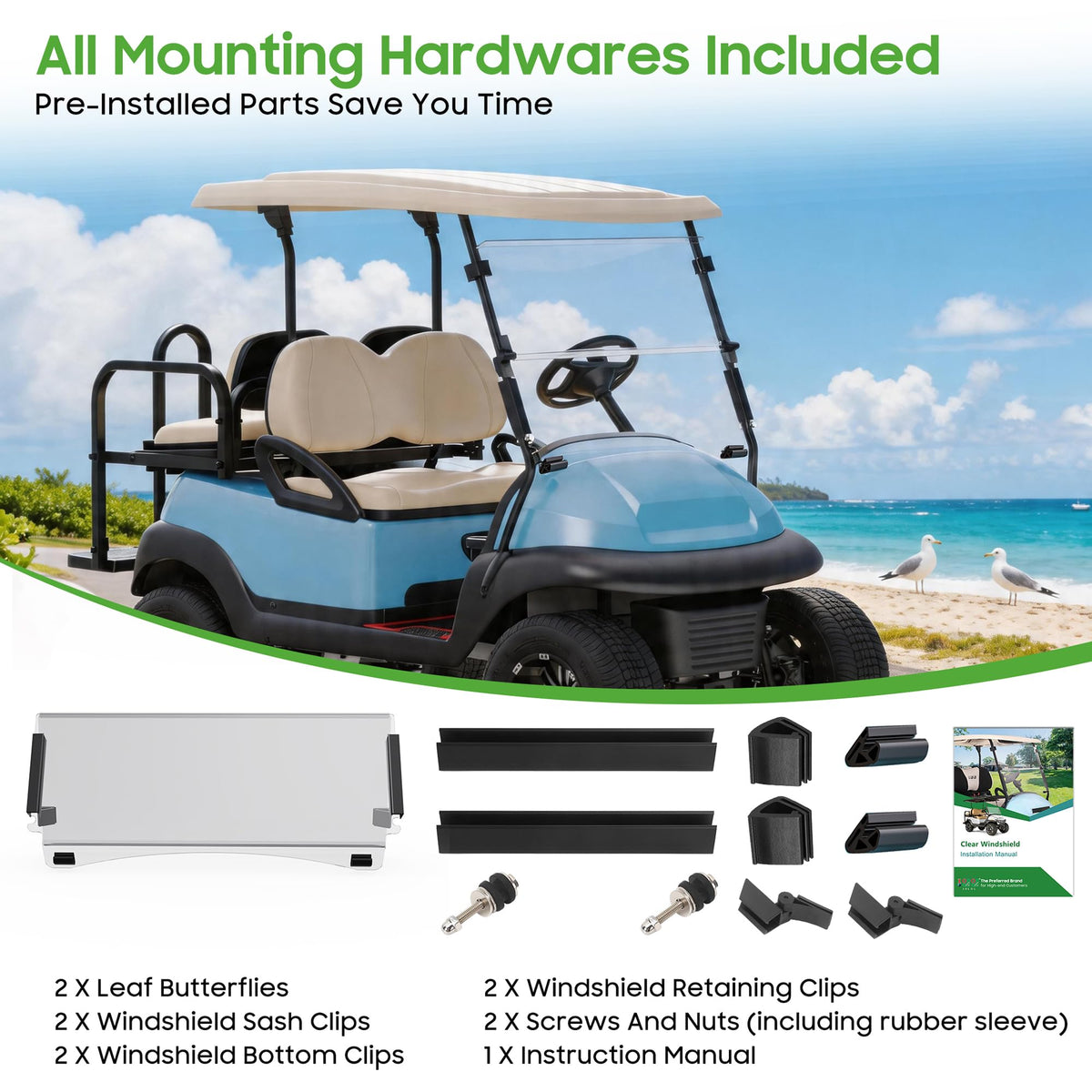 10L0L no-drill installation with included hardware fits multiple Club Car models.
