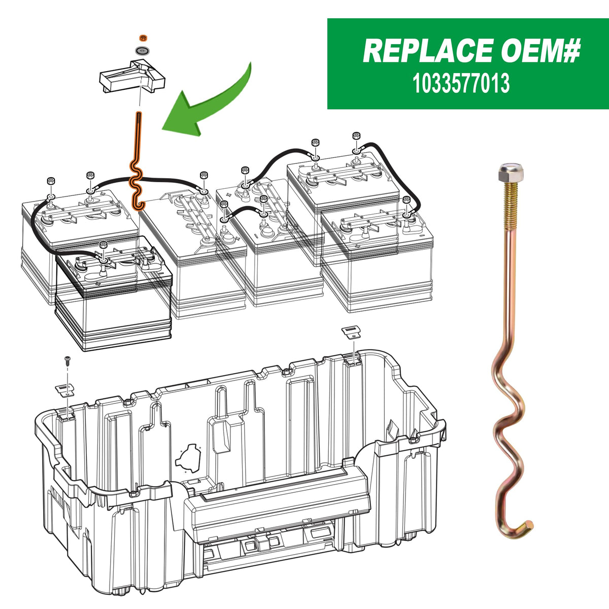 10L0L zinc plated hold down rod showing OEM replacement compatibility.