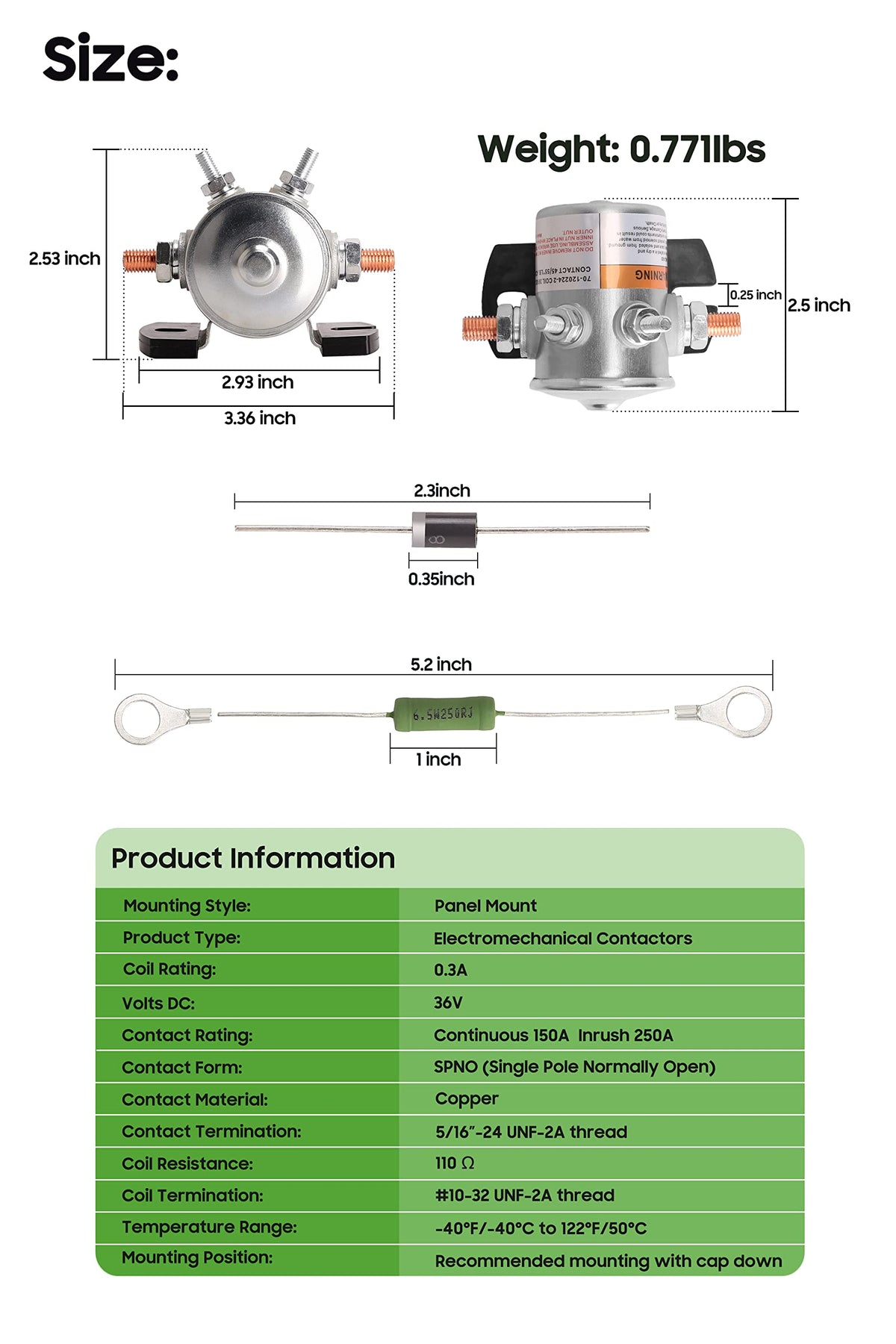 Packaging of the 10L0L EZGO solenoid kit (relay, resistor, diode)