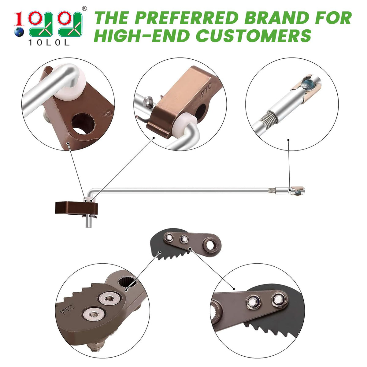 10L0L park brake rod and pawl showing durable aluminum construction and replacement use