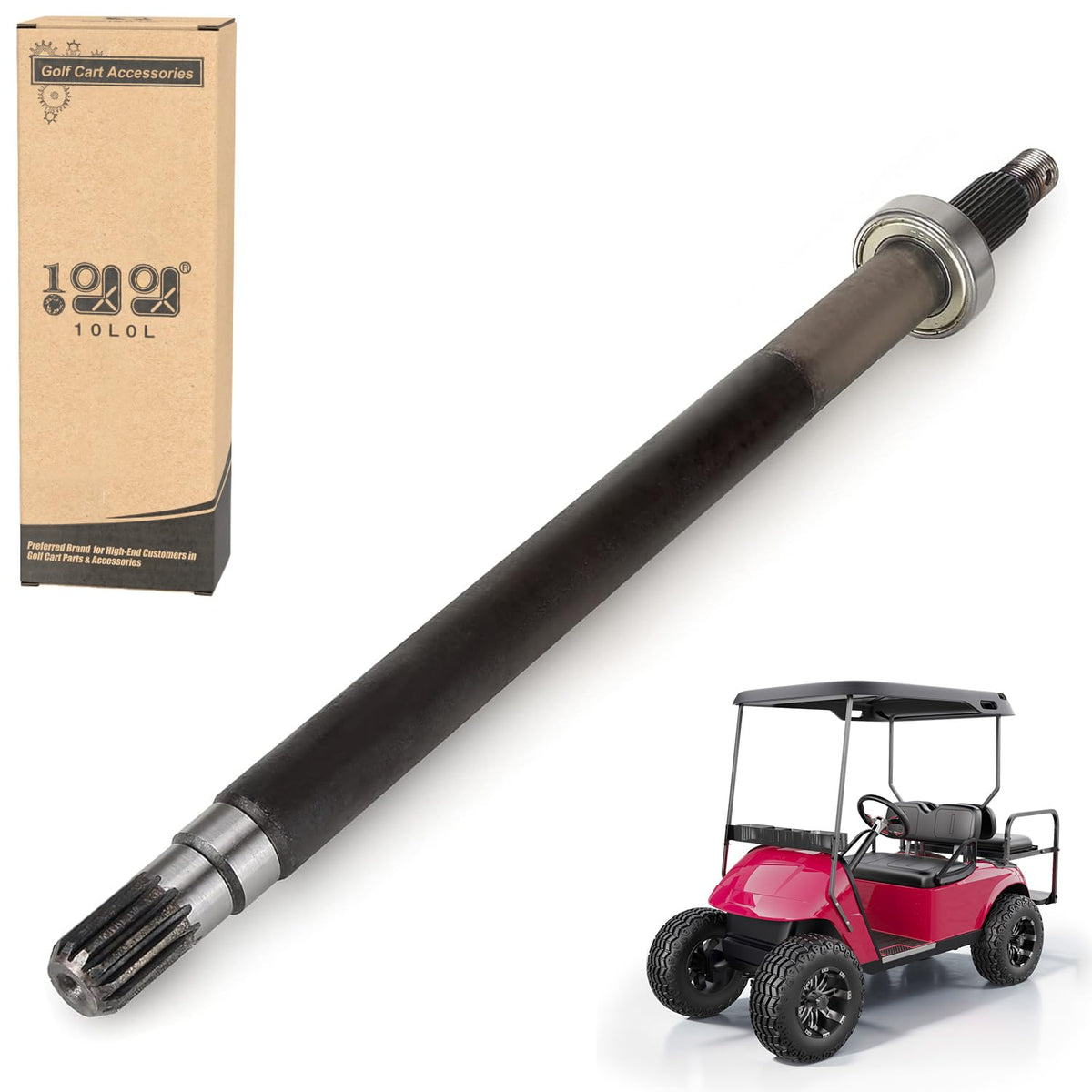 10L0L passenger side rear axle shaft for EZGO carts in use, bearing ready.
