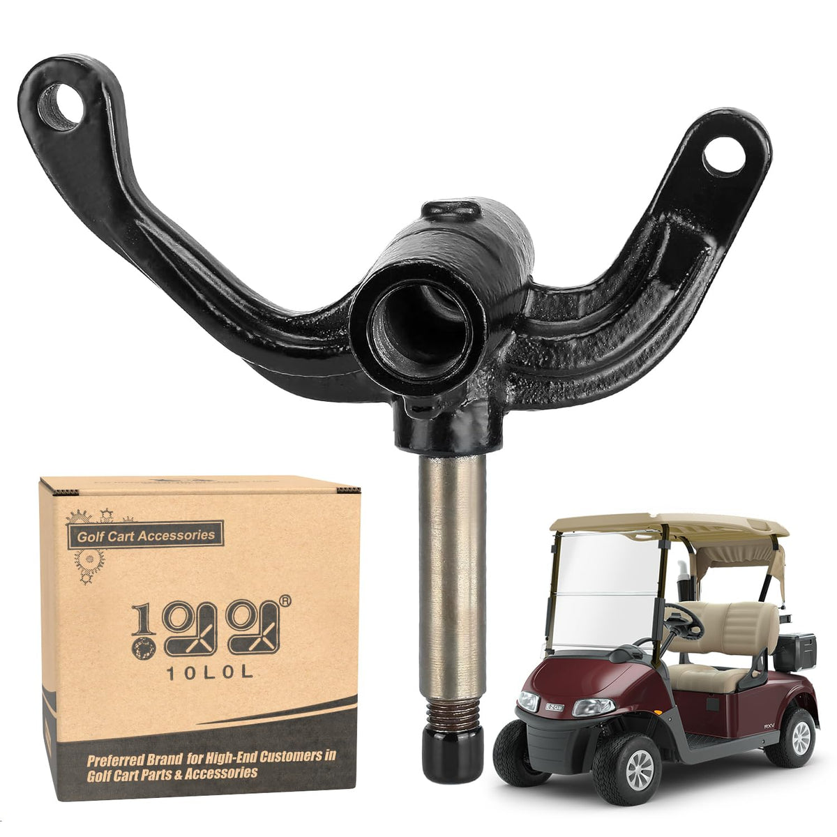 10L0L passenger side spindle for EZGO RXV improves suspension and bearing support