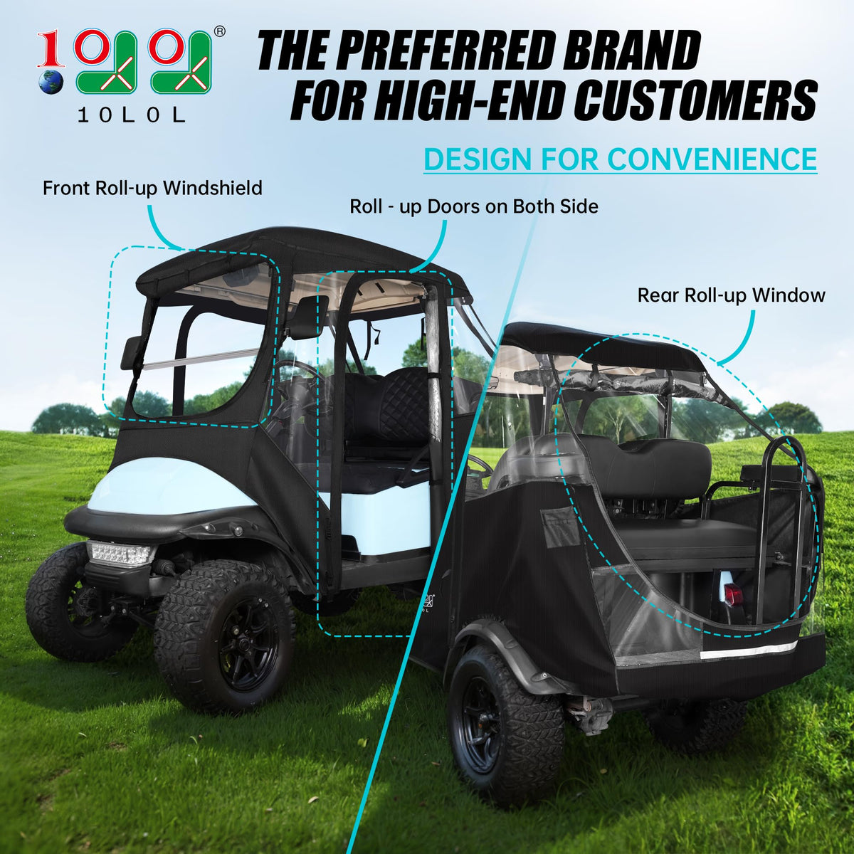 10L0L driving enclosure side view for Club Car Precedent, clear visibility in all weather.