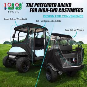 10L0L driving enclosure side view for Club Car Precedent, clear visibility in all weather.