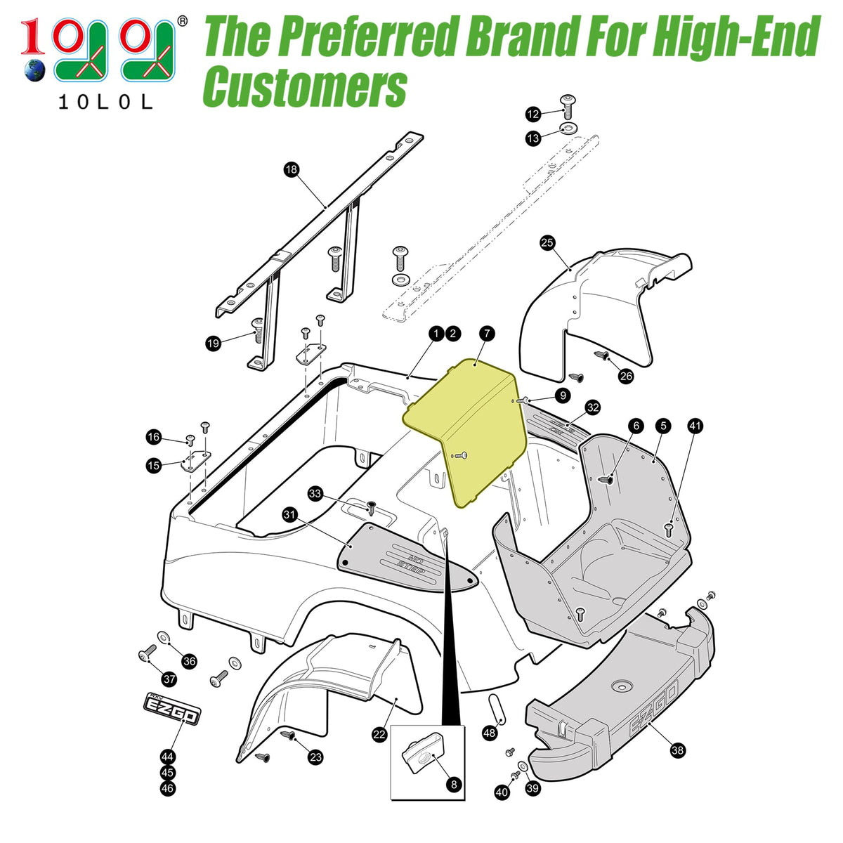 10L0L rear body panel installation for EZGO RXV 2008-2015 enables quick setup.