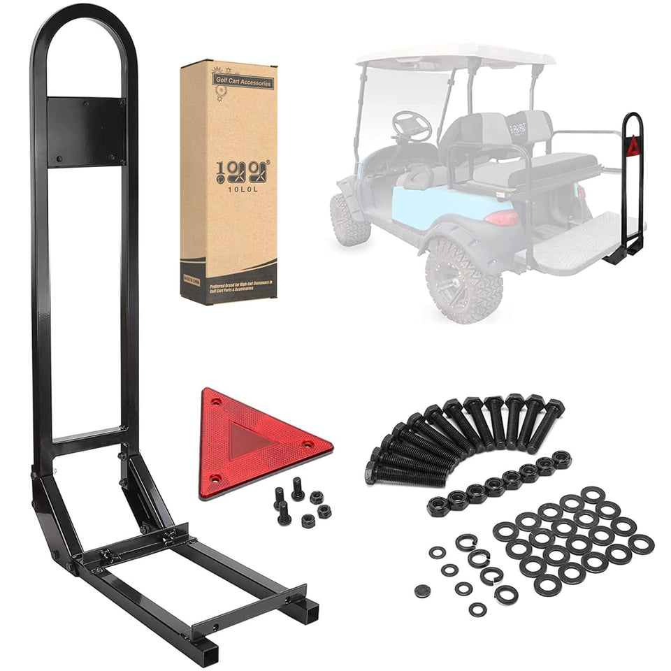 10L0L rear safety grab bar with triangle reflector on a Yamaha golf cart for added entry stability