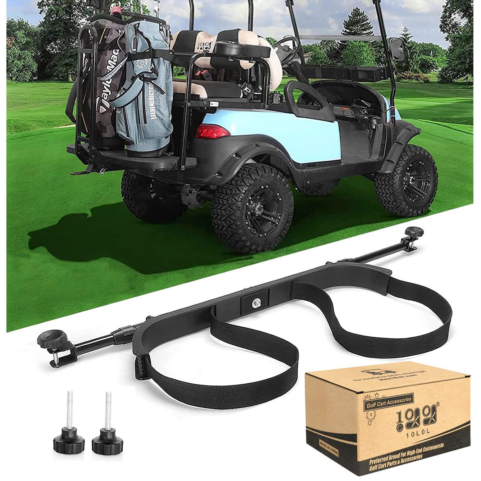 10L0L rear-seat bag holder bracket secures two golf bags on the cart.