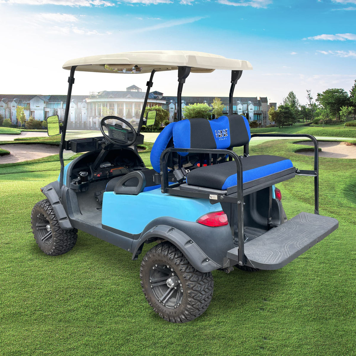 10L0L rear seat cover on Club Car DS adds color and protection