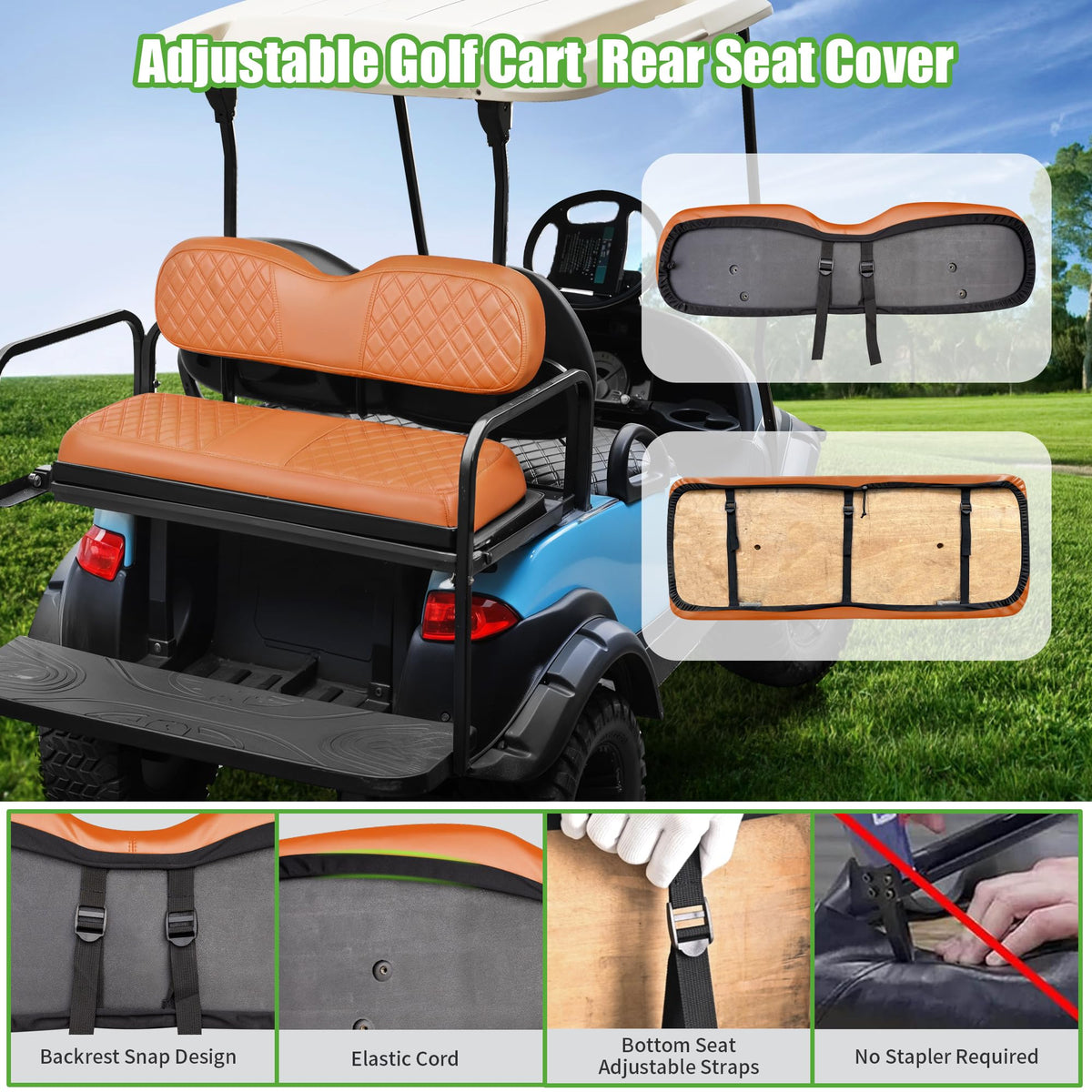 10L0L rear seat cover for EZGO and Club Car provides a snug, secure fit.