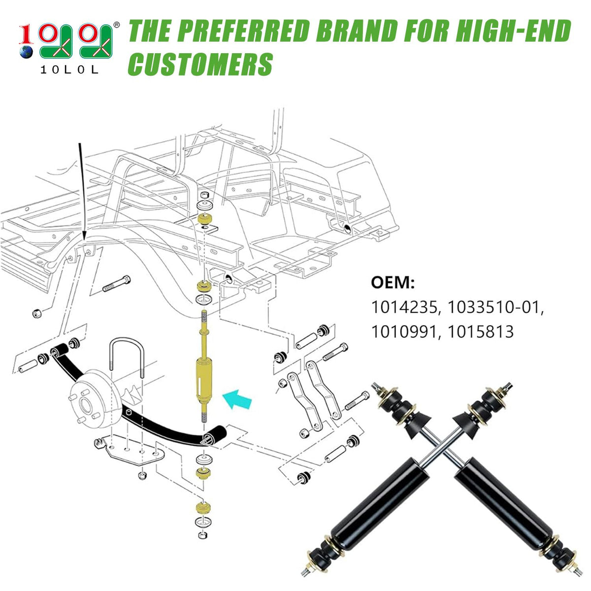 10L0L rear shock absorber for Club Car Precedent; enhances stability.