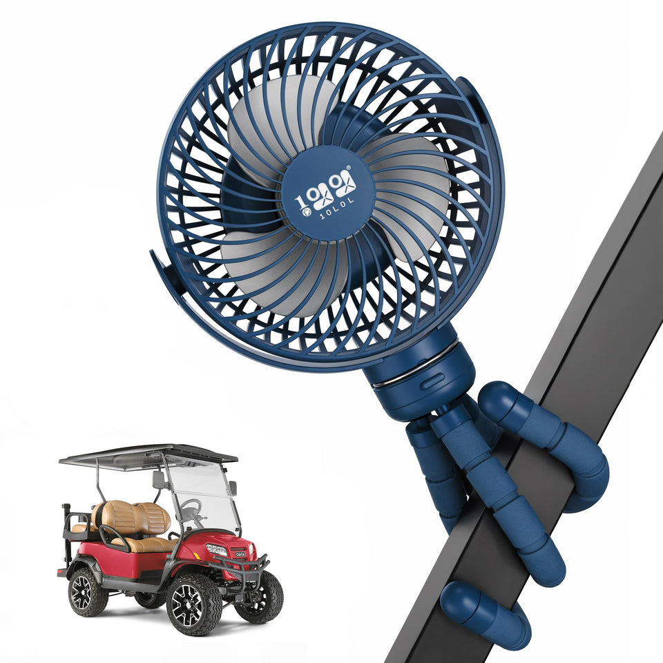 10L0L rechargeable fan with octopus clamp for secure grip on carts and strollers