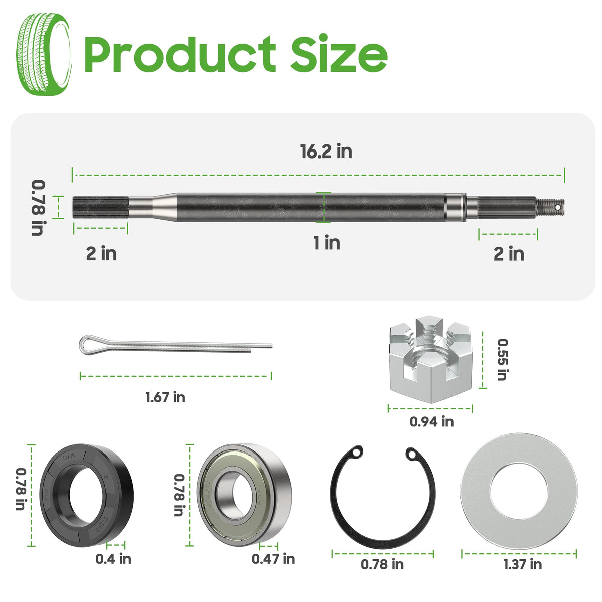 Castle nut, cotter pin, and oil seals included in kit