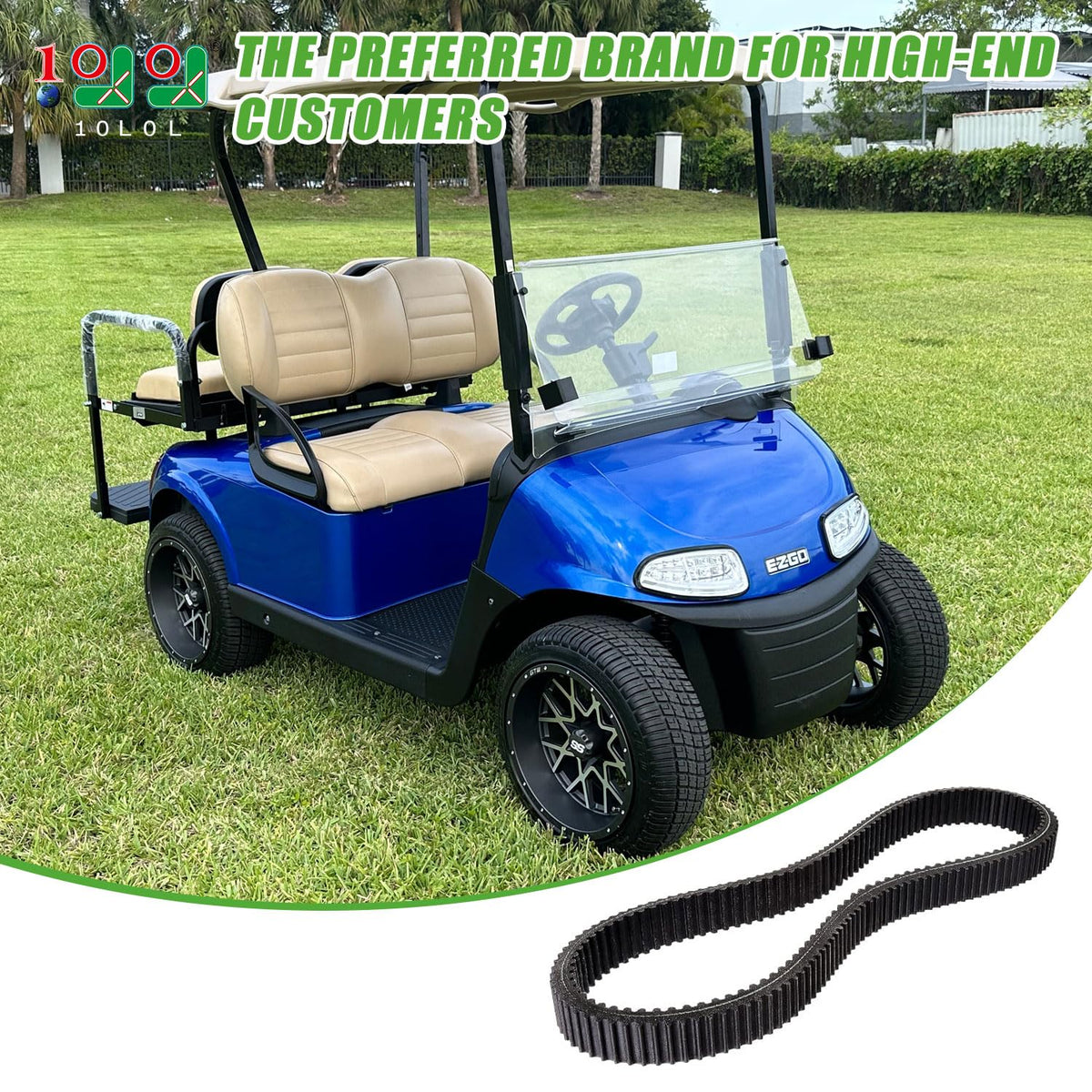 10L0L RXV/TXT drive belt close-up shows durable construction for steady golf cart power.
