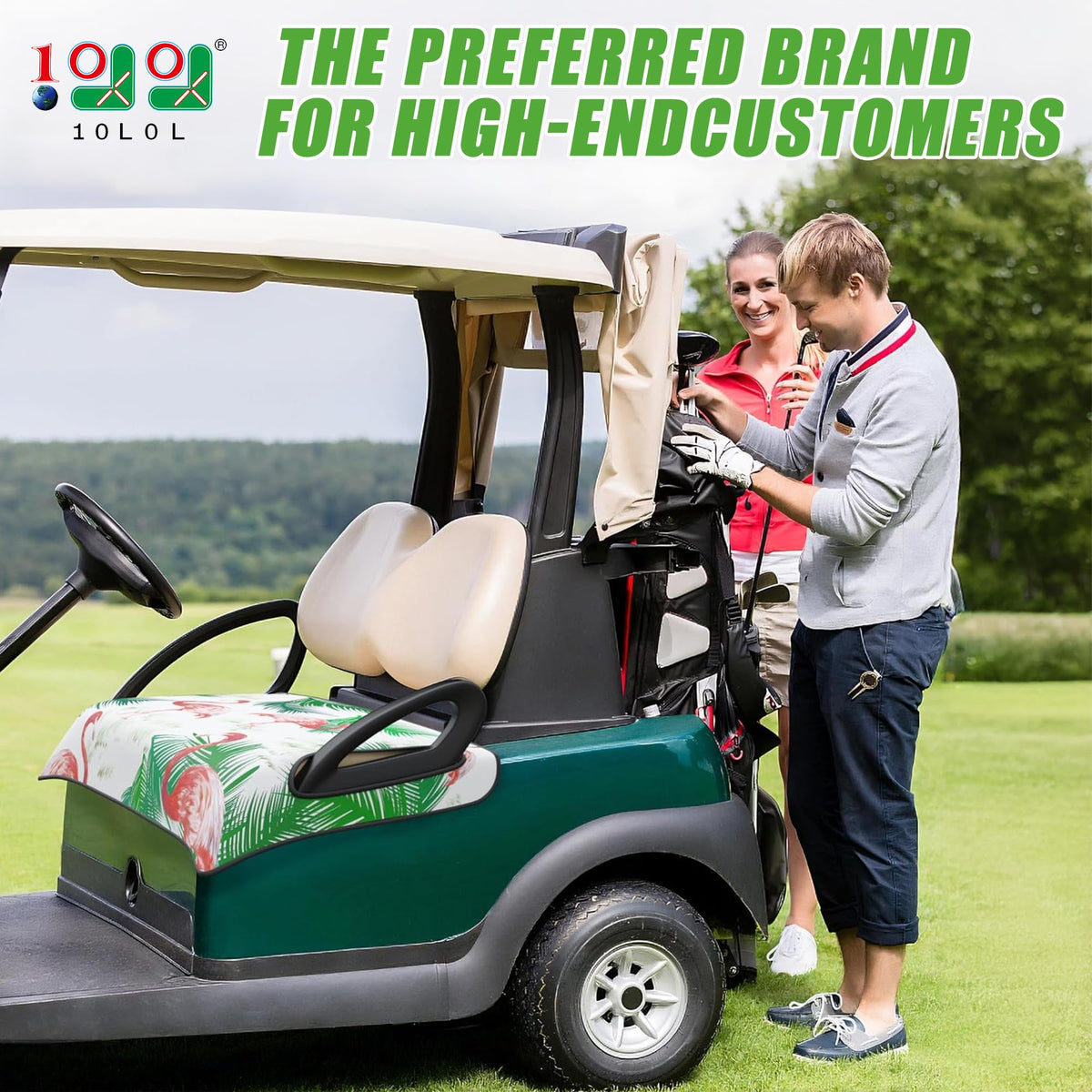 10L0L seat cover on EZGO RXV protects seats from wear and UV.