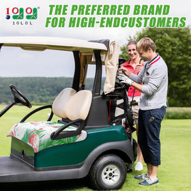 10L0L seat cover on EZGO RXV protects seats from wear and UV.