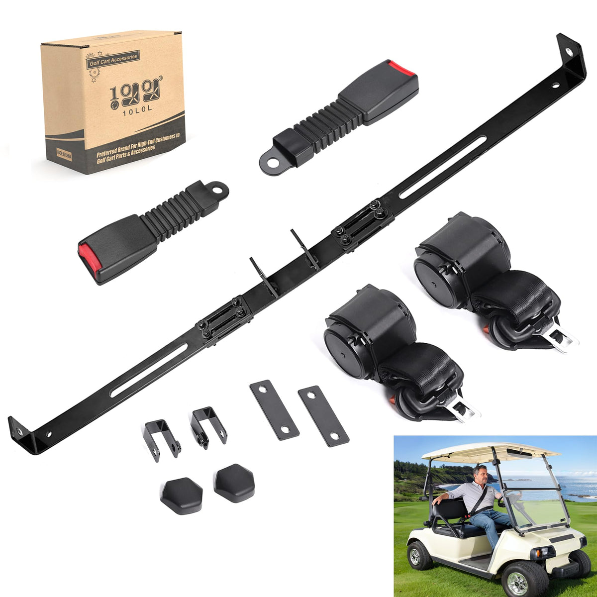 10L0L seatbelt bracket kit installed on EZGO TXT for secure two-passenger seating