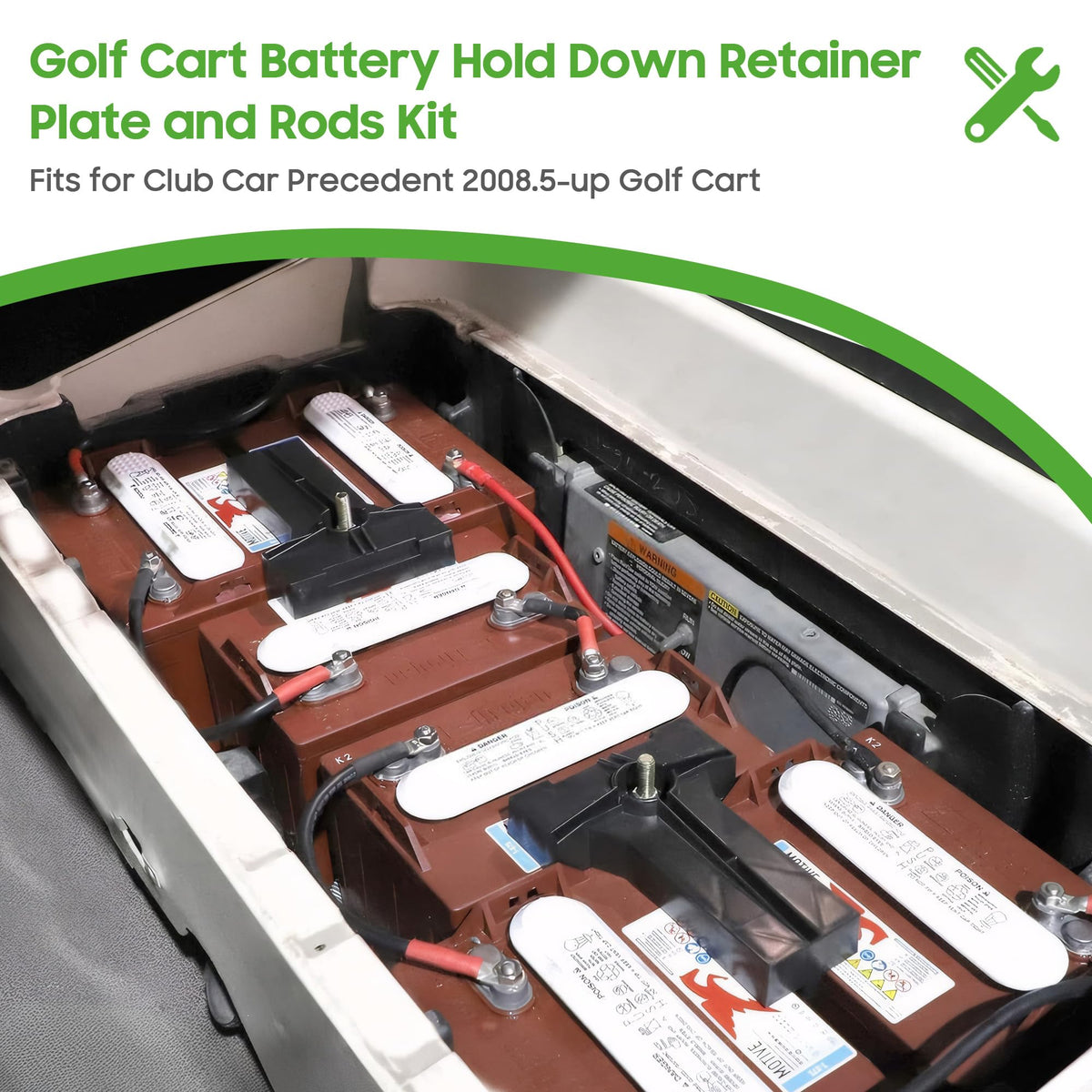 Use scenario shows securing the battery during everyday golf cart operation.